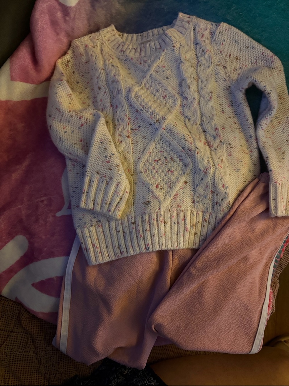 OshKosh B'gosh Cream Cable Knit Sweater with Pink Speckle and pink fashion pant